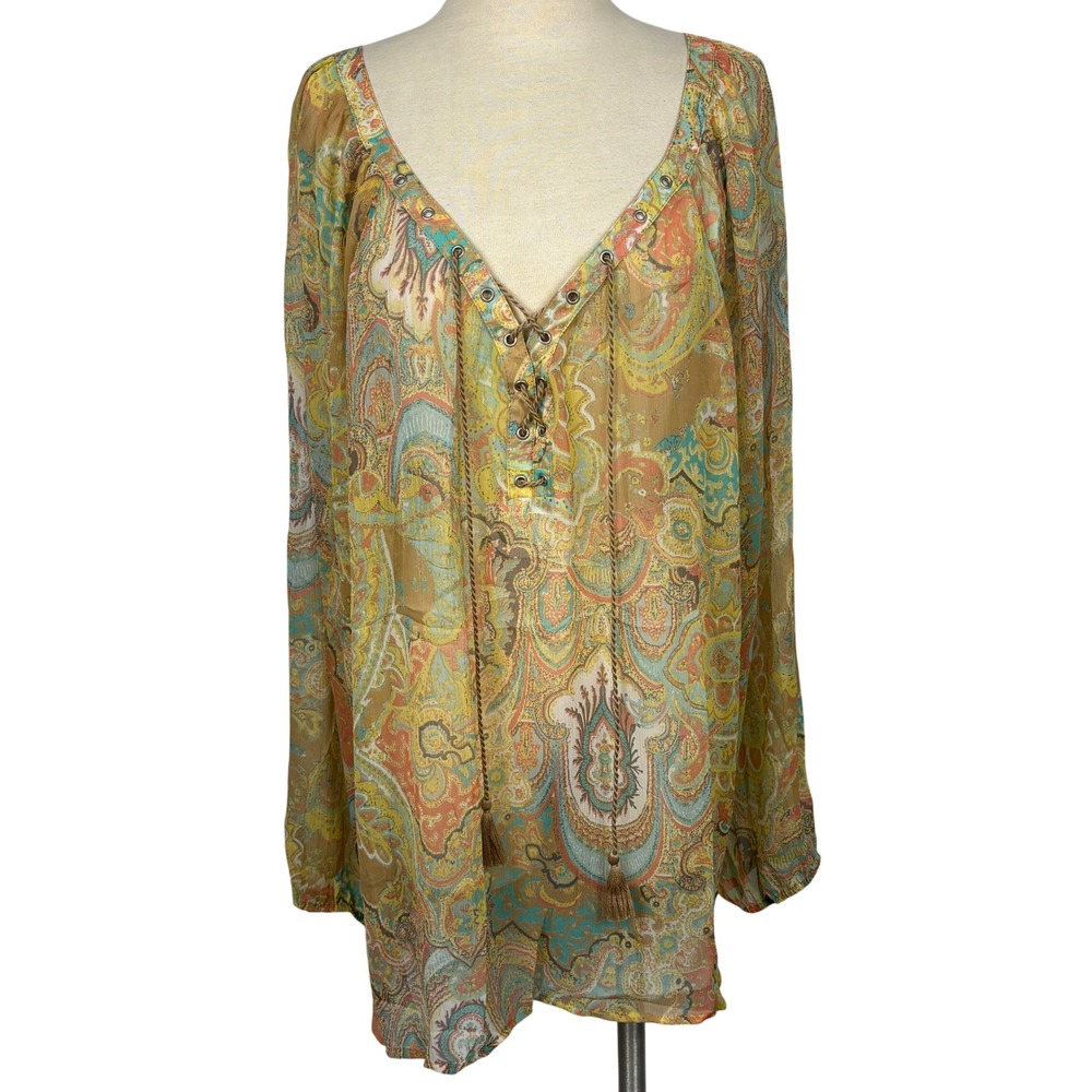 Jessica Simpson‎ Paisley Boho Peasant Blouse 3X Sheer Lace Up Tassel Top